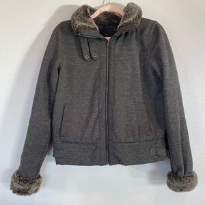 Vans Faux Fur Trim Bomber Jacket Women Sz Medium Full Zip Brown/Gray Lined